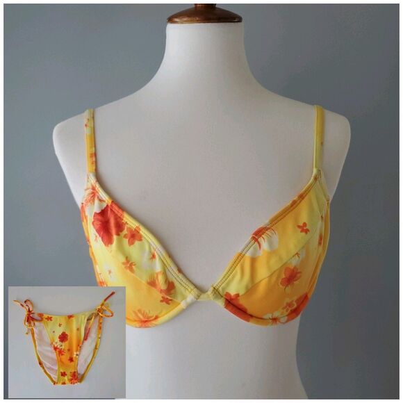 Esprit Beach Yellow Orange Tropical Floral Vintage 2 Piece Bikini Womens Medium - Picture 1 of 11